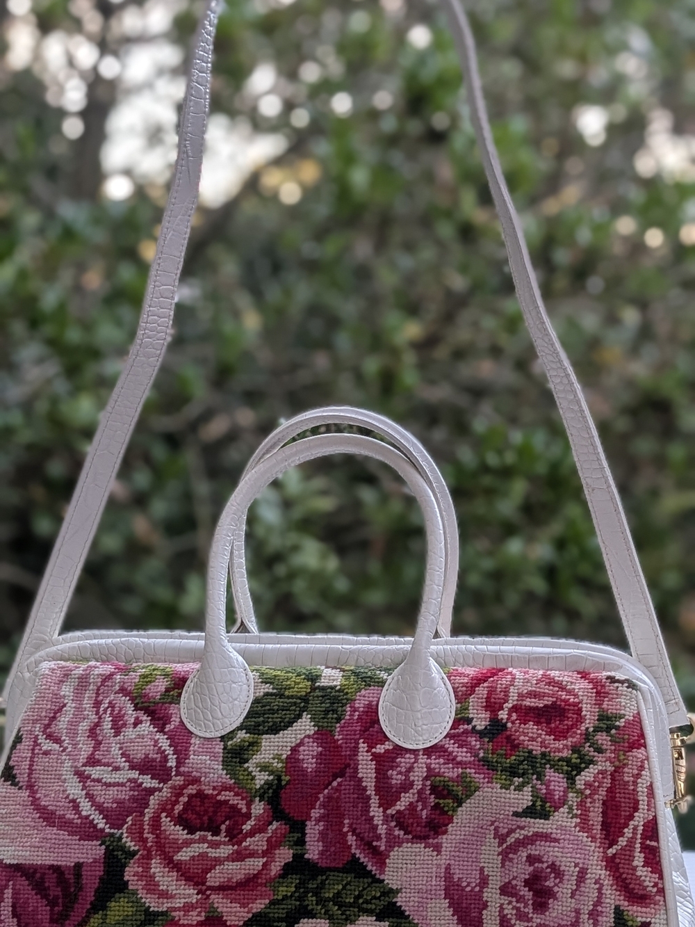 Floral Tapestry Satchel Bag in Pink and White